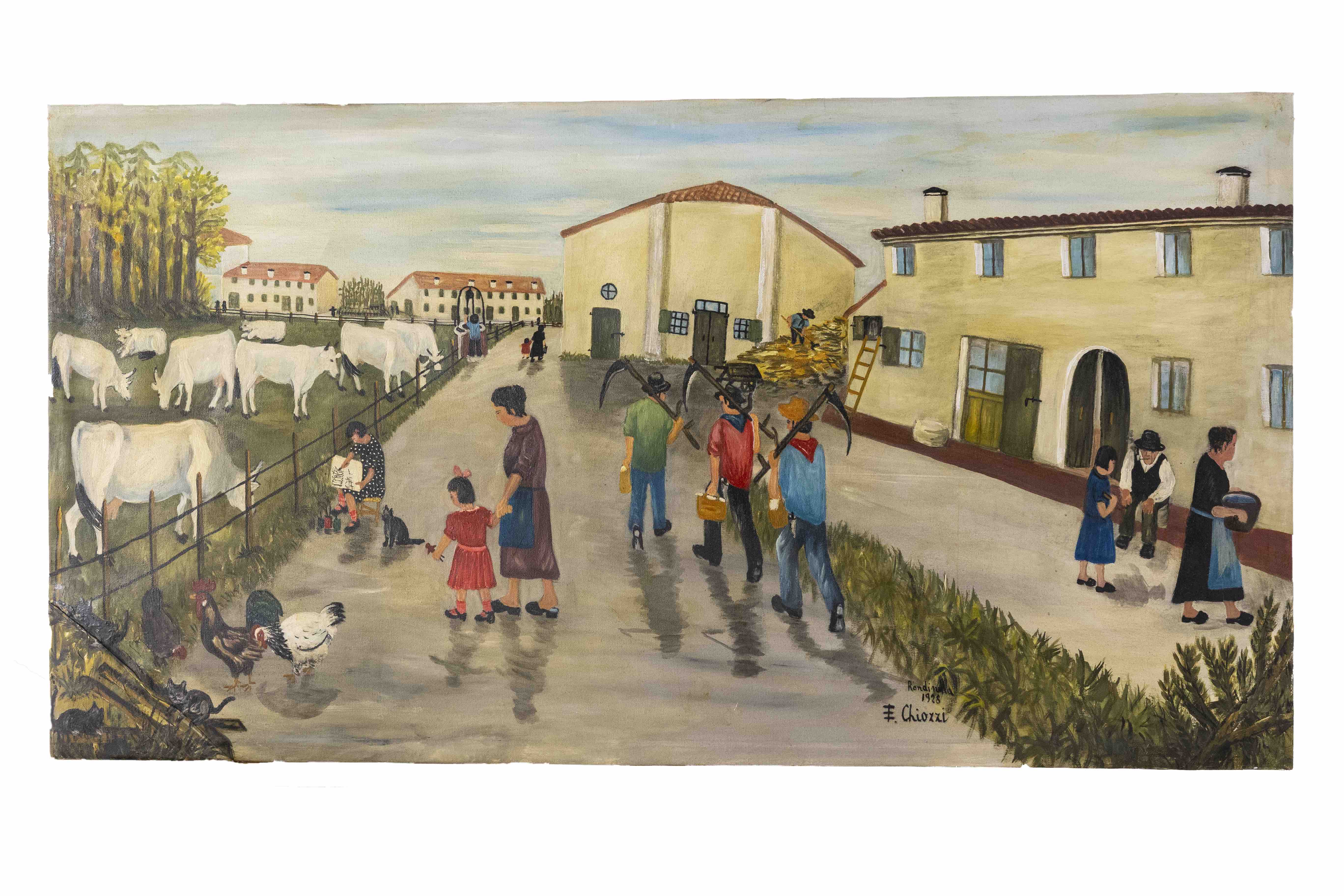 Fig. 3. Ermanna Chiozzi, <i>Tenuta Rondinella di Coccanile (ricordo del 1928)</i>, tecnica mista su tela, 80x150 cm, Collezione privata.
